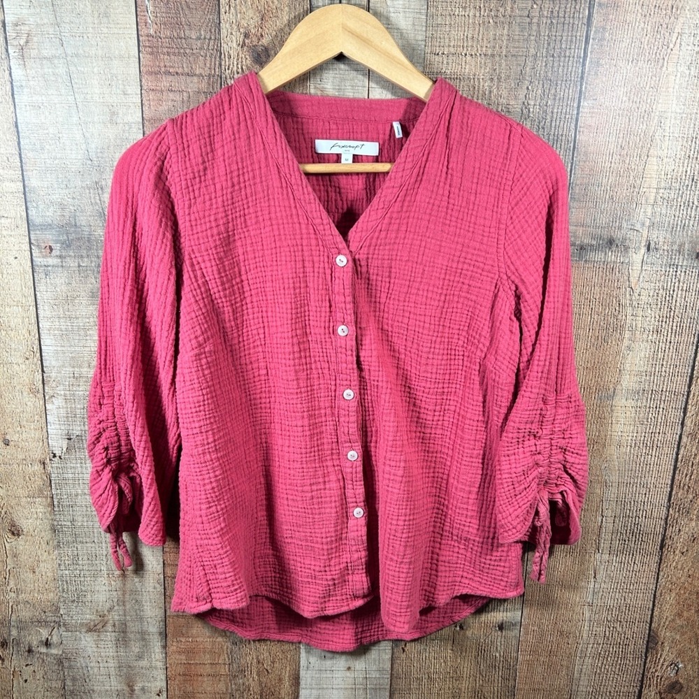 Foxcroft Gauze Cotton Boho Peasant Top Textured Cinch Sleeve Rose Pink Medium